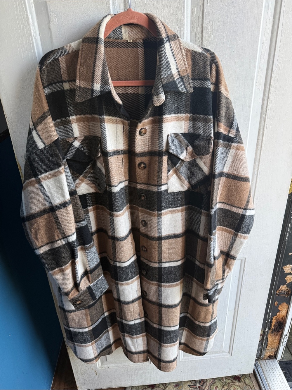 Plaid Lightweight Shacket in Beige, Black & White